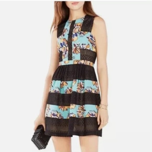 BCBG Max Azria Cecile Floral Sleeveless Mini Dress Aqua Black Lace Womens Size 8 - Picture 1 of 6